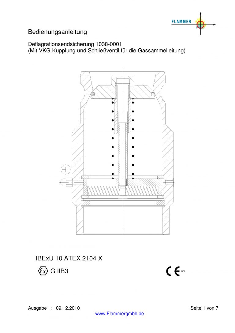 Bedienungsanleitung Deflagrationsendsicherung 1038-0001 mit VKG Kupplung und Schließventil für die Gassammelleitung