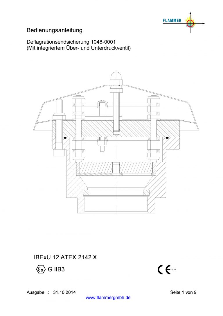 Bedienungsanleitung Deflagrationsendsicherung 1038-0001 mit integriertem Überdruckventil und Unterdruckventil