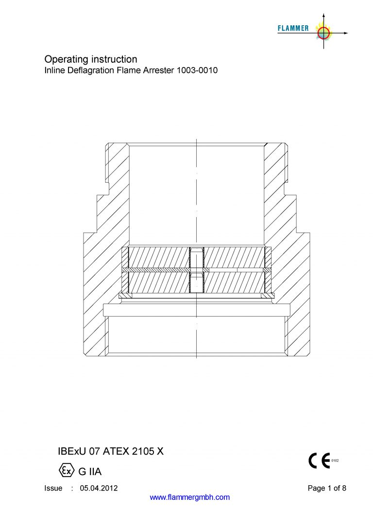 Operating Instruction Inline Deflagration Flame Arrester 1003-0010