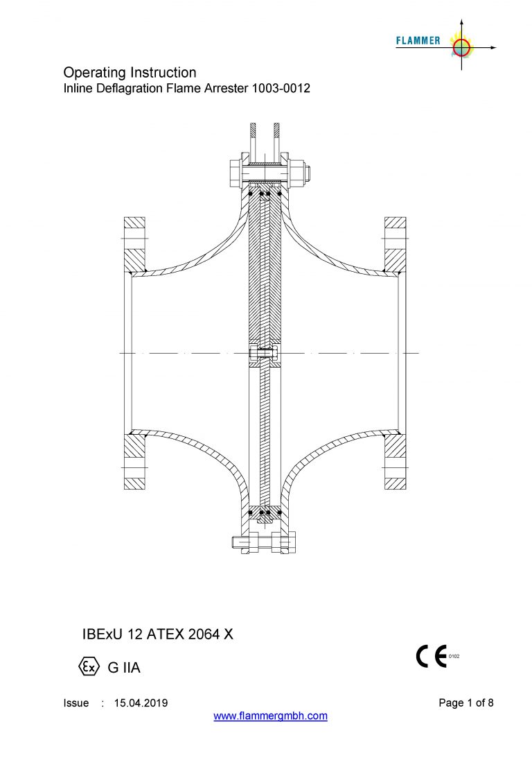 Operating Instruction Inline Deflagration Flame Arrester 1003-0012