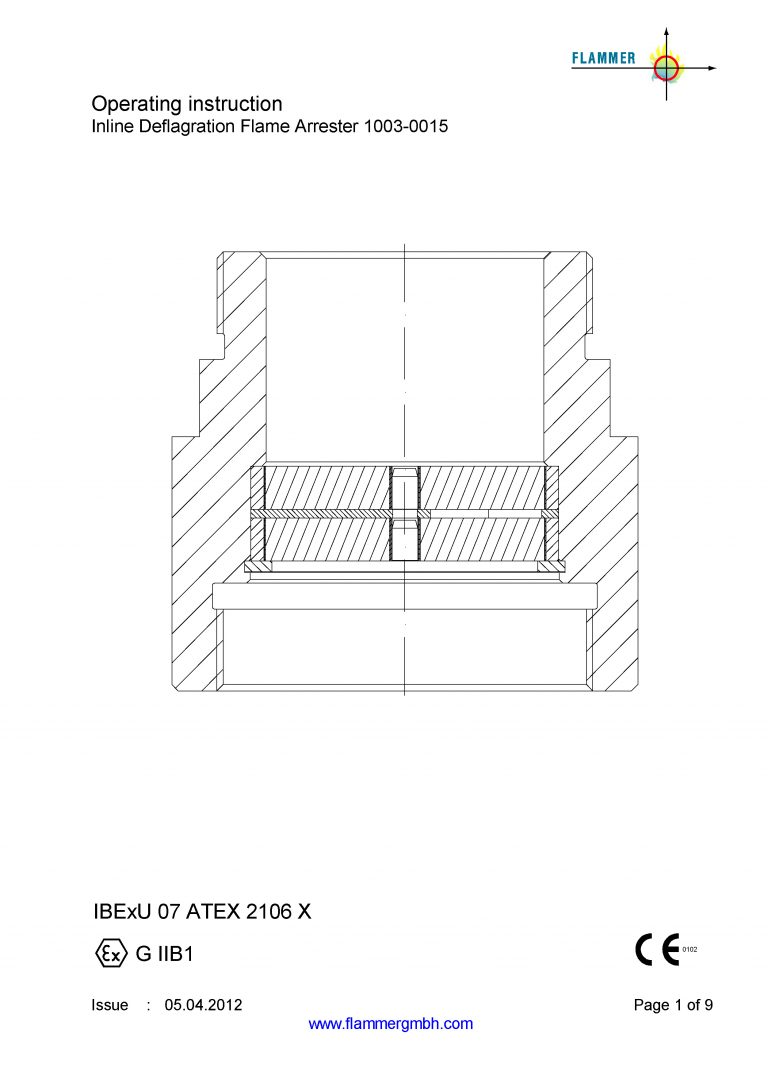 Operating Instruction Inline Deflagration Flame Arrester 1003-0015