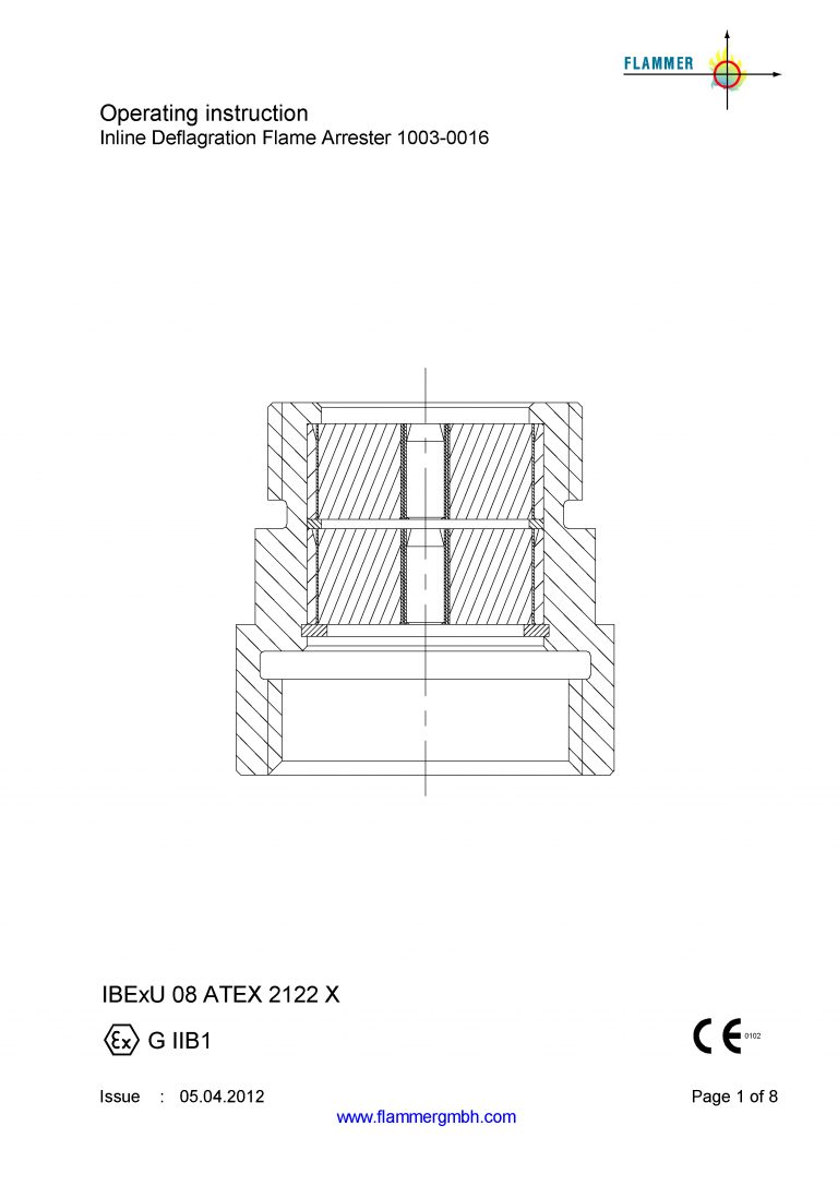 Operating Instruction Inline Deflagration Flame Arrester 1003-0016