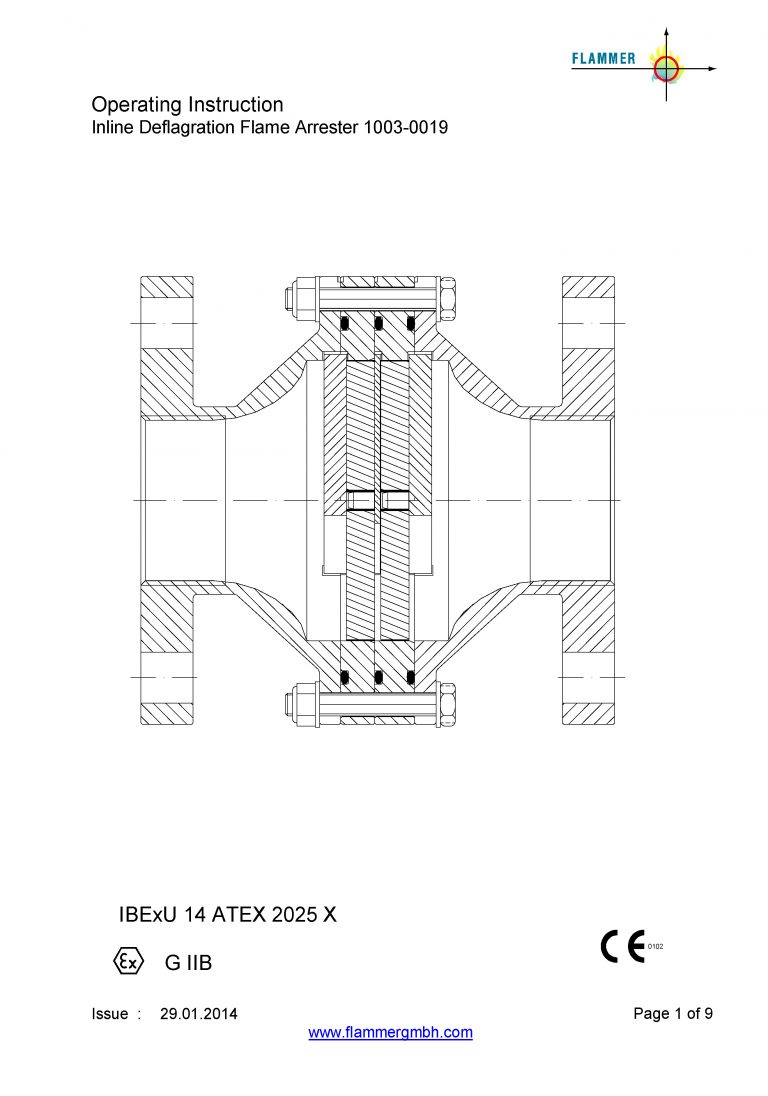 Operating Instruction Inline Deflagration Flame Arrester 1003-0019