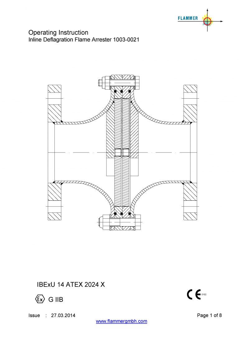 Operating Instruction Inline Deflagration Flame Arrester 1003-0021