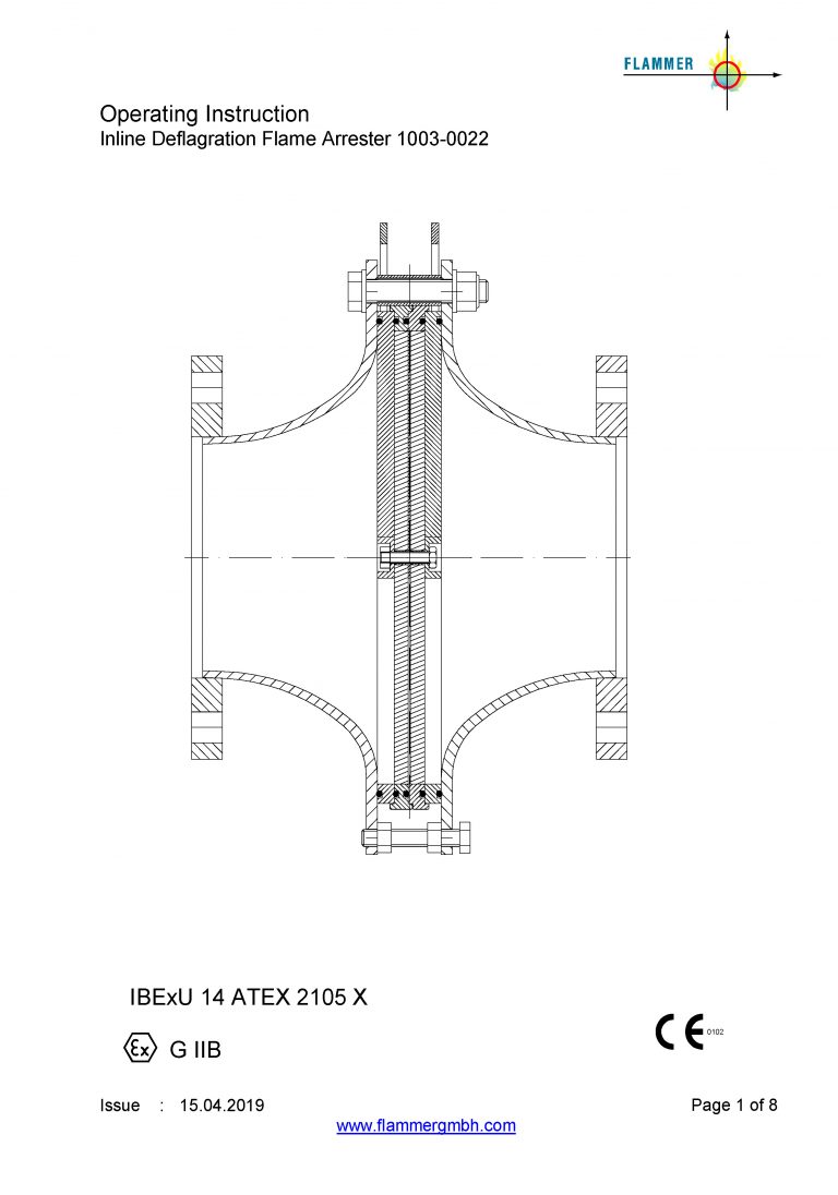 Operating Instruction Inline Deflagration Flame Arrester 1003-0022