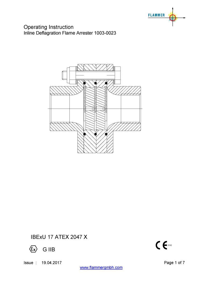 Operating Instruction Inline Deflagration Flame Arrester 1003-0023