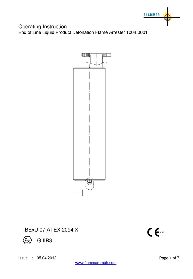 Operating Instruction End of Line Liquid Product Detonation Flame Arrester 1004-0001