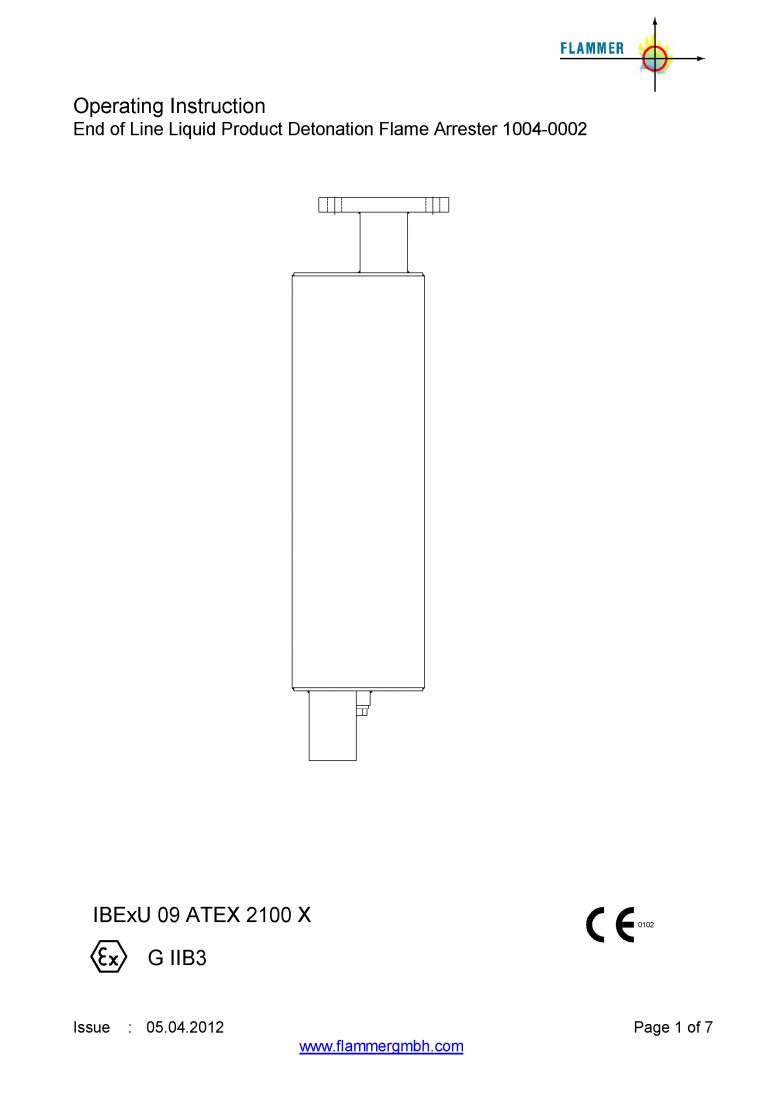 Operating Instruction End of Line Liquid Product Detonation Flame Arrester 1004-0002
