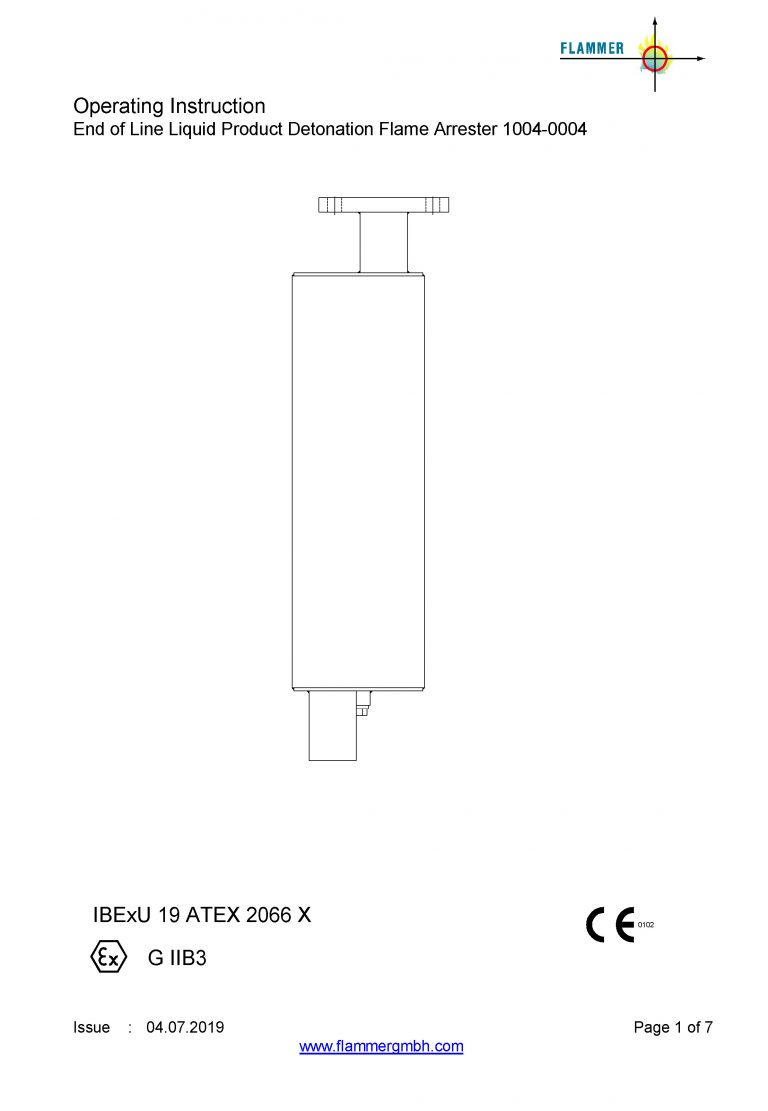 Operating Instruction End of Line Liquid Product Detonation Flame Arrester 1004-0004