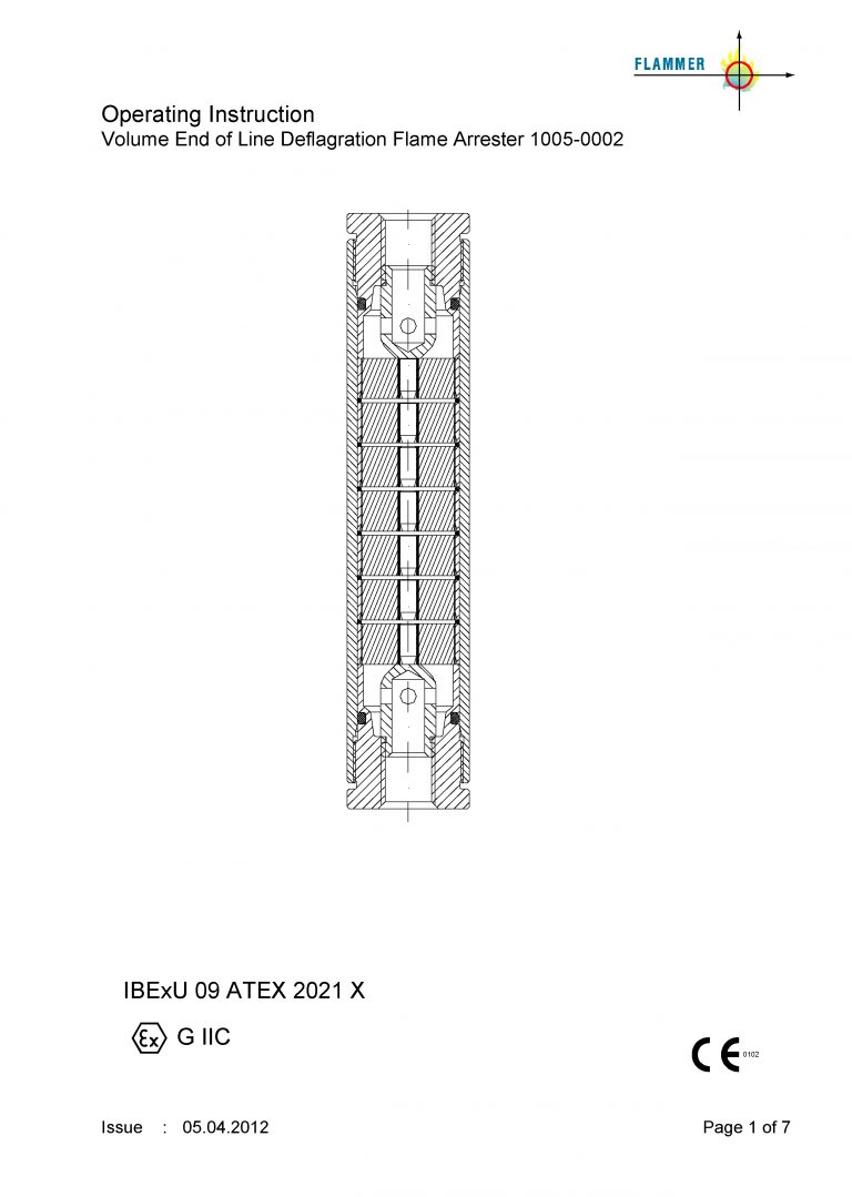 Operating Instruction Volume End of line Deflagration Flame Arrester 1005-0002