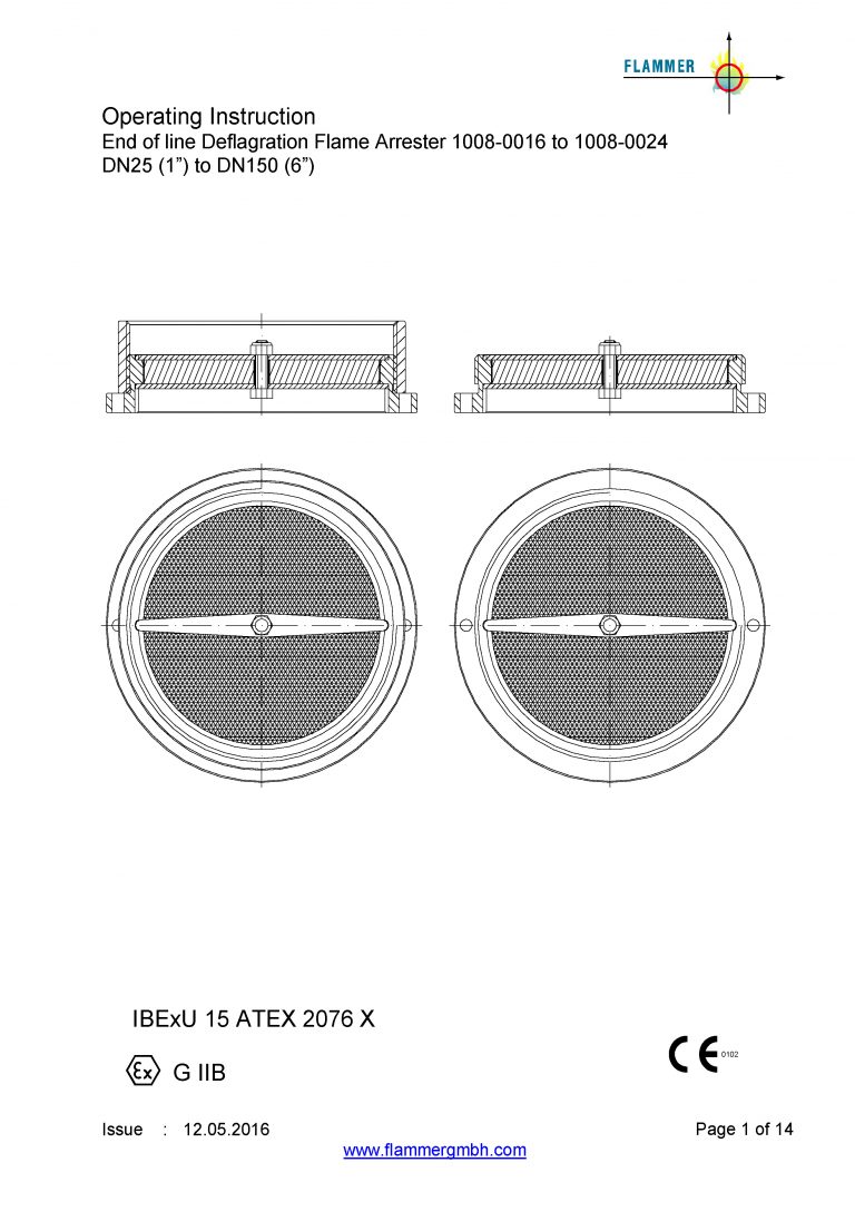 Operating Instruction End of line Deflagration Flame Arrester 1008-0016 to 1008-0024