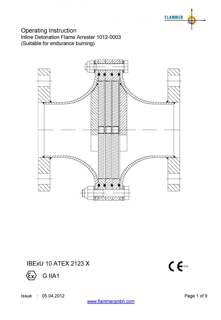 Operating Instruction Inline Detonation Flame Arrester 1012-0003