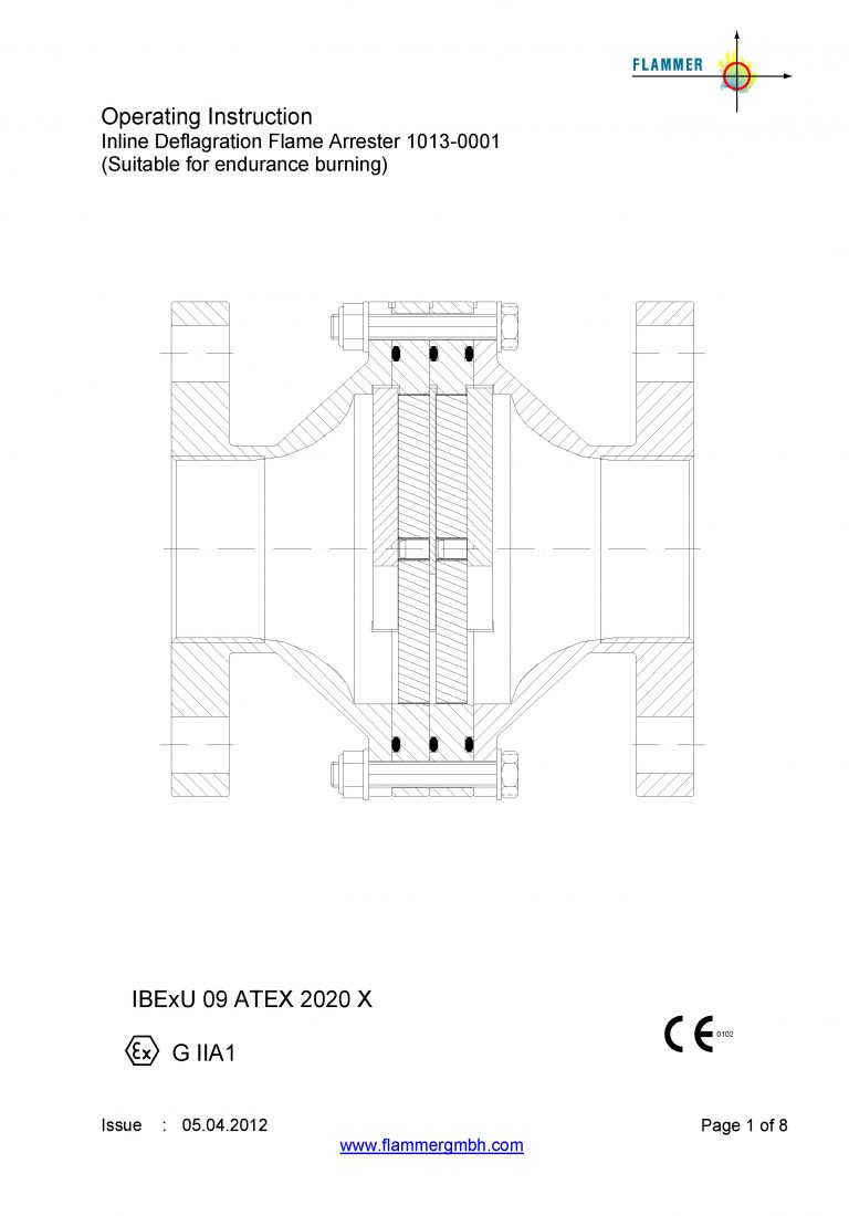 Operating Instruction Inline Deflagration Flame Arrester 1013-0001