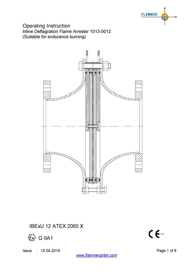 Operating Instruction Inline Deflagration Flame Arrester 1013-0012