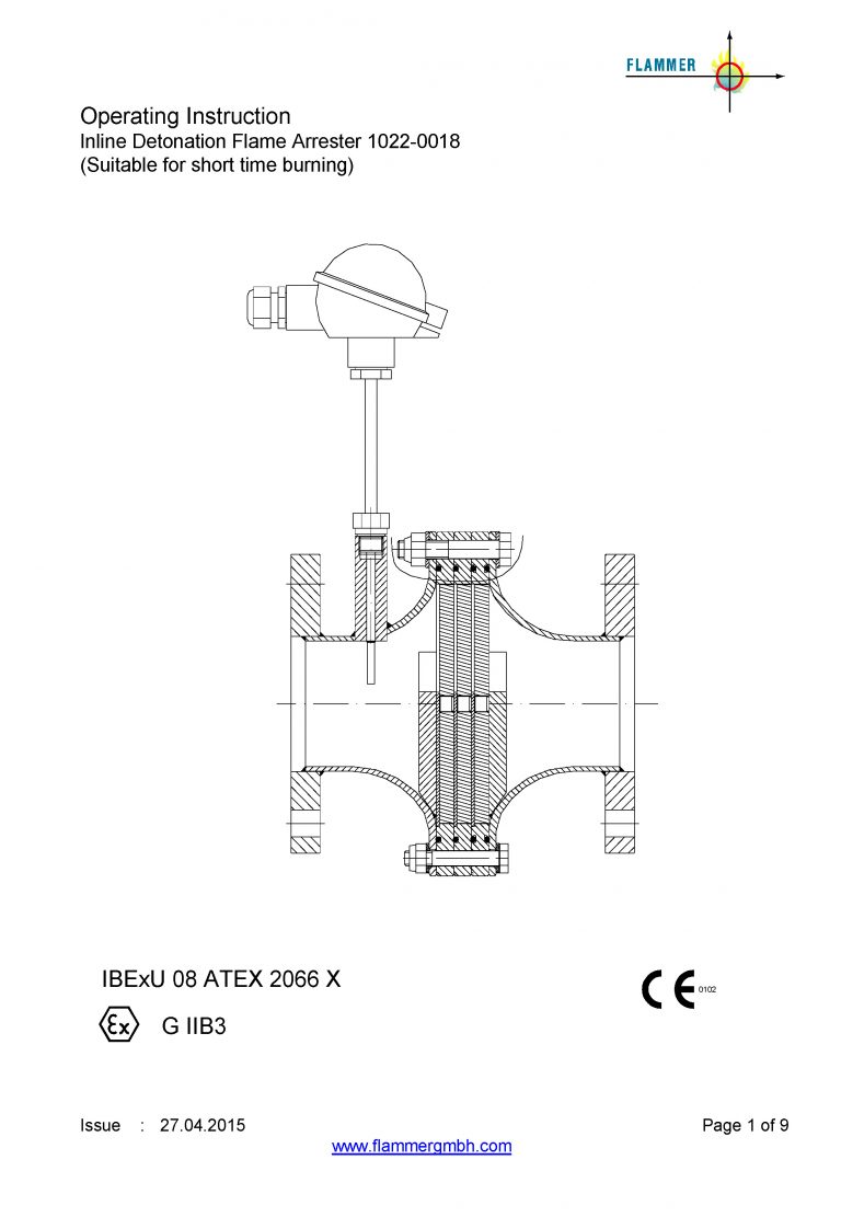 Operating Instruction Inline Detonation Flame Arrester 1022-0018