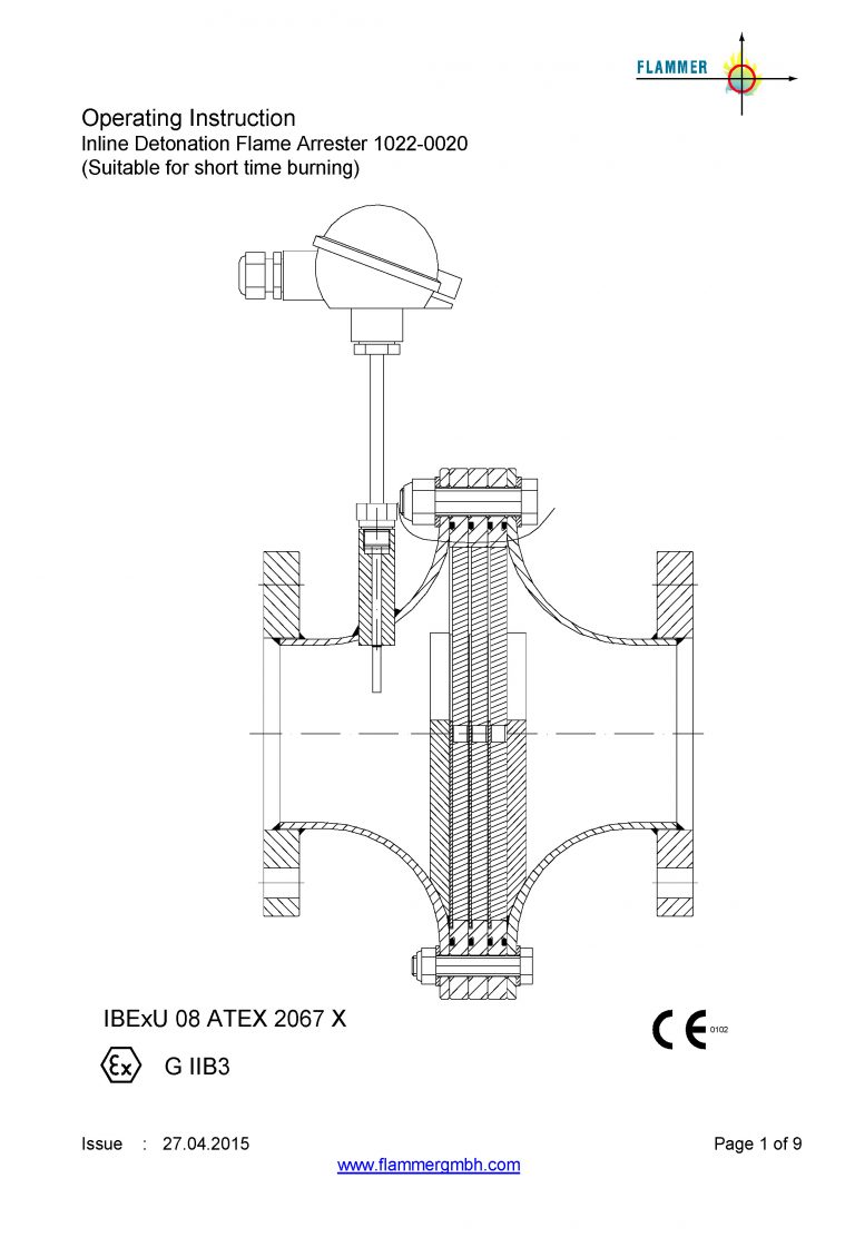 Operating Instruction Inline Detonation Flame Arrester 1022-0020