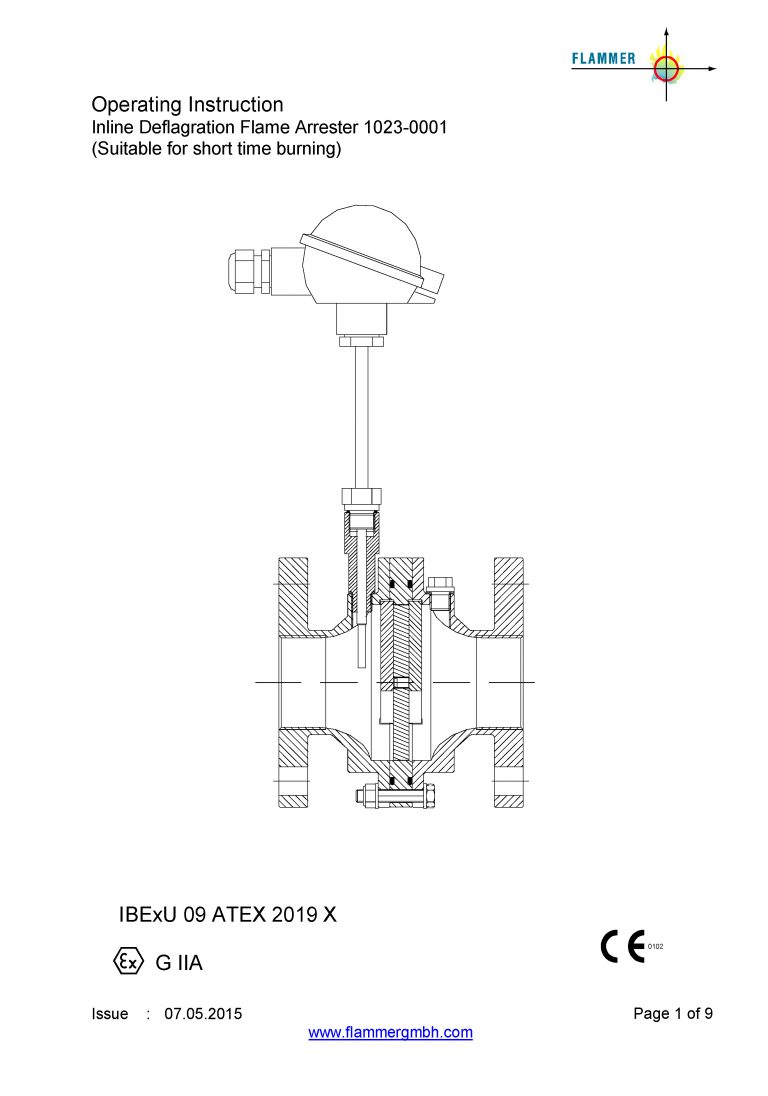 Operating Instruction Inline Deflagration Flame Arrester 1023-0001